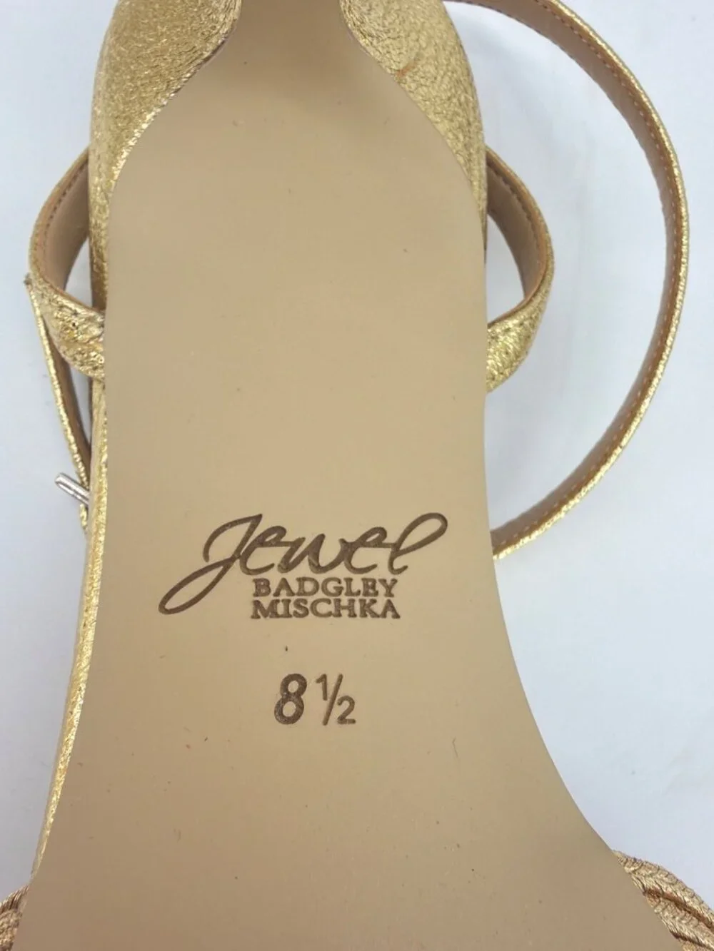 Jewel Badgley Mischka Nance Ankle Strap Golden Kitten Heel Sandals Women Sz 8.5